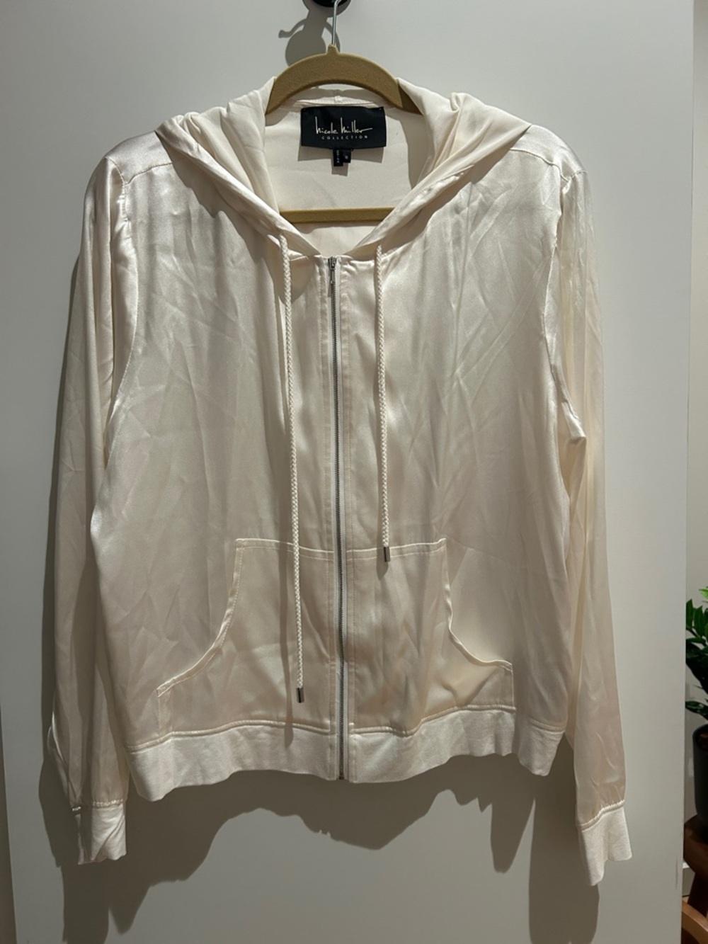 Nicole Miller Ivory Satin Zip Hoodie Jacket